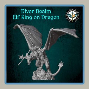 Render of 28mm miniature elf king on dragon
