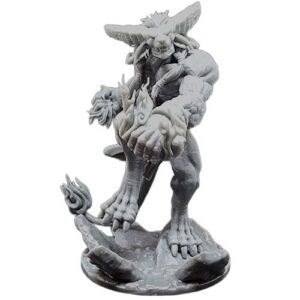 A photograph of an unpainted grey resin fantasy miniature of a massive, muscular demonic beast against a white background. The creature features a fierce, lion-like face with large, flat, sweeping horns and braided hair details. It is posed aggressively, leaning forward to throw a heavy punch, with stylized magical flames erupting from its forearms and the tip of its long tail. The figure is mounted on a textured circular base featuring rocky outcroppings.