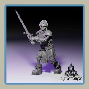 render of 28mm miniature undead armored skeleton with 2 handed sword
