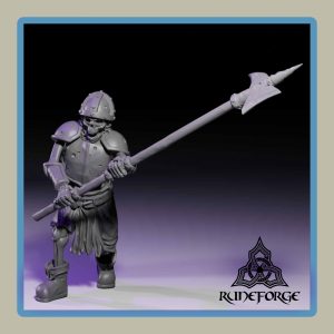 render of 28mm miniature undead armored skeleton with 2H halberd