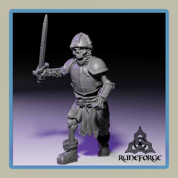 render of 28mm miniature undead armored skeleton with sword