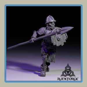 render of 28mm miniature undead armored skeleton with spear and shield marching