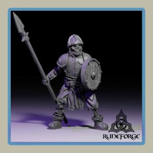 render of 28mm miniature undead armored skeleton with spear and shield