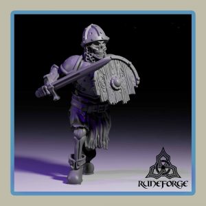 render of 28mm miniature undead armored skeleton with sword and shield marching