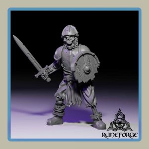 render of 28mm miniature undead armored skeleton with sword and shield sentry