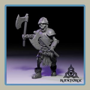 render of 28mm miniature undead armored skeleton with two axes