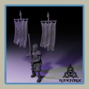 render of 28mm miniature undead armored skeleton banner carrier