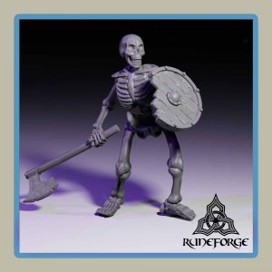 render of 28mm miniature undead unarmored skeleton with axe and shield