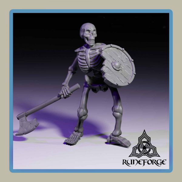 render of 28mm miniature undead unarmored skeleton with axe and shield