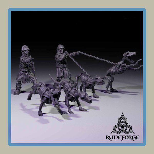 render of 28mm miniature undead armored skeletons with undead hounds