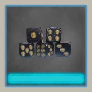set of five D6 dice with skulls for the individual dots