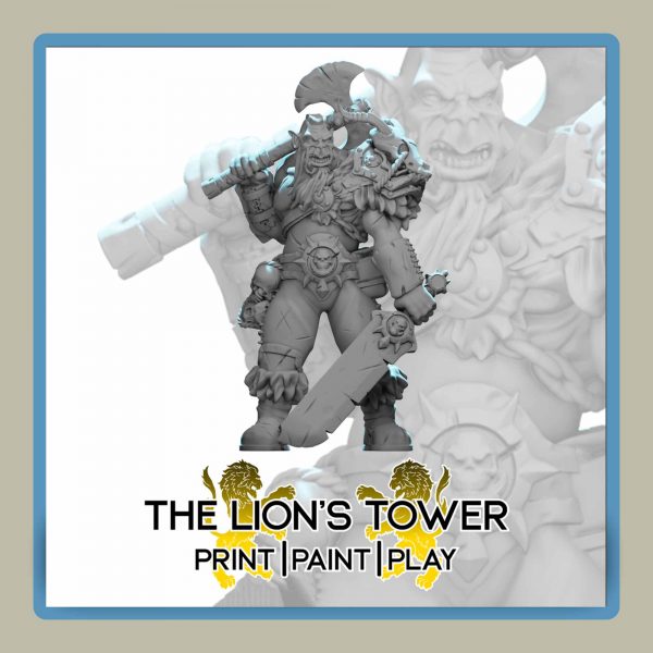 render of 32mm miniature Rurbag Drakegnasher - Orc Barbarian