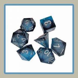 rpg dice in black and blue with liquid core