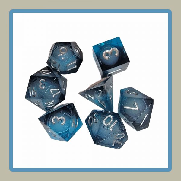 rpg dice in black and blue with liquid core