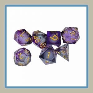 rpg dice in black and purple with liquid core