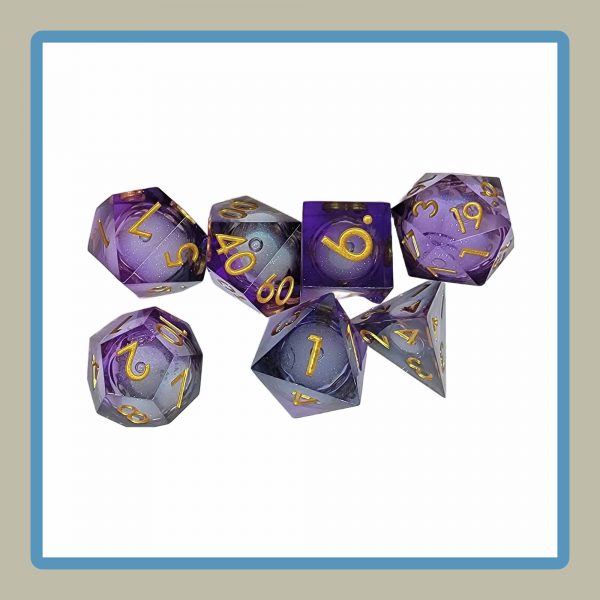 rpg dice in black and purple with liquid core