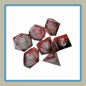 rpg dice in black and red with liquid core