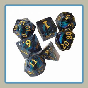 sharp edge rpg dice set in black tint with blue eyes inside