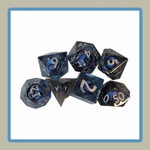sharp edge rpg dice set in black tint with blue eyes inside