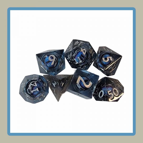 sharp edge rpg dice set in black tint with blue eyes inside