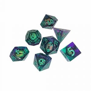 rpg sharp edge dice purple and green with moving eyes