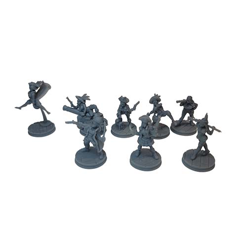 A set of eight unpainted 28mm pirate miniatures depicting a female crew in dynamic poses with pistols, swords, and a deck cannon, ready for tabletop RPGs.
