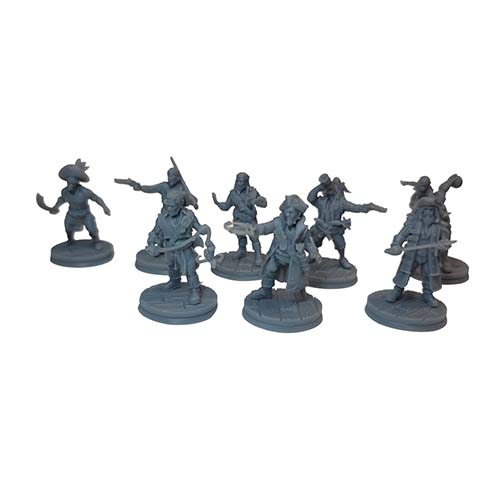A set of eight unpainted 28mm pirate miniatures showing male deckhands outfitted with cutlasses, flintlock pistols, and spyglasses on round bases.