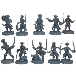 A set of ten unpainted 28mm miniatures depicting a skeletal pirate crew, featuring undead captains, gunners with cannons, and boarders armed with cutlasses and pistols.