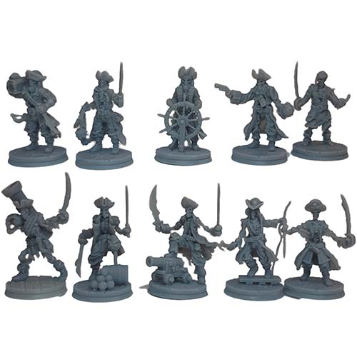 A set of ten unpainted 28mm miniatures depicting a skeletal pirate crew, featuring undead captains, gunners with cannons, and boarders armed with cutlasses and pistols.