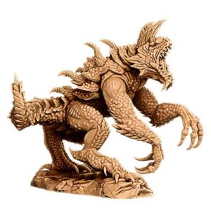 3D render of a massive 28mm Tarrasque miniature featuring thick spiky armor, large claws, and a roaring maw, sculpted by La Louve 3D.