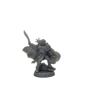 A front-view photograph of an unpainted grey resin fantasy captain miniature against a white background. The figure features long flowing hair, heavy armor, and a billowing cape, posed dynamically with a curved sword raised high in his right hand and a shield on his left arm. He is standing on a textured rocky base.