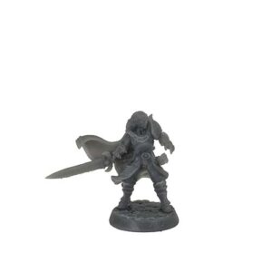A front-view photograph of an unpainted grey resin fantasy commander miniature against a white background. The figure has shoulder-length hair and is wearing plate armor with a large pauldron on his left shoulder. He has a flowing cape blowing to his right and is holding a large, thick sword pointed outward in his right hand. He is standing on a textured cobblestone base.