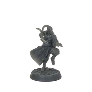 A front-view photograph of an unpainted grey resin fantasy martial arts grand master miniature against a white background. The figure is posed dynamically on one leg, wearing flowing robes and large prayer beads around his neck, with a long topknot blowing in the wind. He wields a bladed weapon attached to his right forearm with his left hand extended flat, standing on a textured cobblestone base.