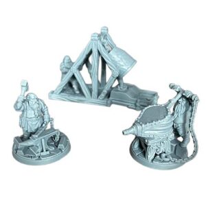 A set of three unpainted, grey 3D-printed tabletop miniatures depicting a dwarven blacksmith scene. The figure on the left shows a bearded dwarf raising a hammer over an anvil surrounded by metal ingots. On the right, another dwarf pulls a chain to operate a large set of forge bellows. In the center background, a third piece features a dwarf operating a large tipping metal crucible supported by a wooden A-frame structure. The two front figures stand on circular stone-textured bases. Isolated on a white background.