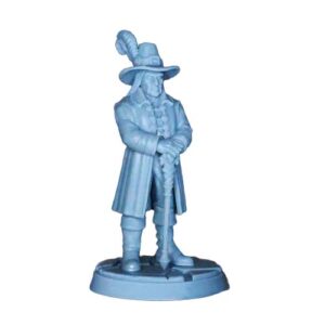 An unpainted, grey 3D-printed tabletop miniature of a medieval fantasy nobleman. The figure stands upright, wearing a wide-brimmed hat adorned with a large feather plume, a long detailed coat, and tall boots. He is resting both hands on the top of a long, ornate walking cane. He stands on a circular base with a cracked stone texture. Isolated on a white background.