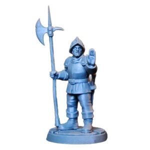 An unpainted, medium-dark grey 3D-printed tabletop miniature of a medieval fantasy town guard. The figure wears a breastplate, shoulder pauldrons, and a simple helmet. He stands with his left hand raised forward in a commanding "halt" gesture, while his right hand holds a tall halberd upright, resting on the ground. A sheathed sword hangs from his belt, and he is mounted on a circular, stone-textured base. Isolated on a white background.