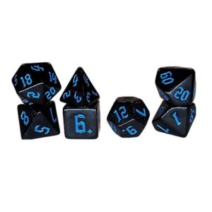 A seven-piece set of polyhedral roleplaying dice arranged in small stacks against a white background. The dice are a solid black with subtle sparkles, featuring numbers painted in a contrasting blue gothic font.