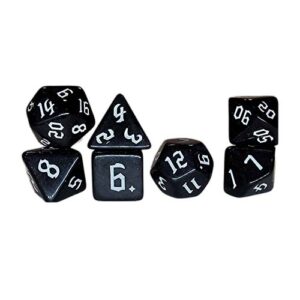 A seven-piece set of polyhedral roleplaying dice arranged in small stacks against a white background. The dice are a solid black with subtle sparkles, featuring numbers painted in a contrasting white gothic font.