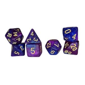 A seven-piece set of polyhedral roleplaying dice arranged in small stacks against a white background. The dice feature a sparkly, swirling pattern of purple and dark blue, with the numbers painted in contrasting gold.