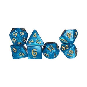 A seven-piece set of polyhedral roleplaying dice arranged in small stacks against a white background. The dice feature a marbled aqua blue finish, with the numbers painted in contrasting gold.