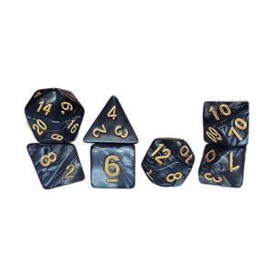 A seven-piece set of polyhedral roleplaying dice arranged in small stacks against a white background. The dice feature a marbled black and grey finish, with the numbers painted in contrasting gold.