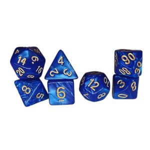 A seven-piece set of polyhedral roleplaying dice arranged in small stacks against a white background. The dice feature a marbled deep blue finish, with the numbers painted in contrasting gold.