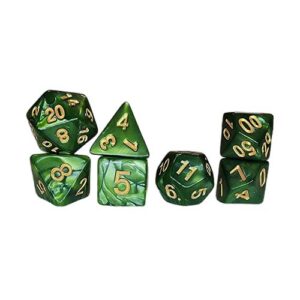 A seven-piece set of polyhedral roleplaying dice arranged in small stacks against a white background. The dice feature a marbled green finish, with the numbers painted in contrasting gold.