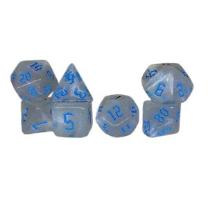 A seven-piece set of polyhedral roleplaying dice arranged in small stacks against a white background. The dice feature a sparkly, translucent white finish, with the numbers painted in a contrasting blue gothic font.