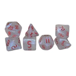 A seven-piece set of polyhedral roleplaying dice arranged in small stacks against a white background. The dice feature a sparkly, translucent white finish, with the numbers painted in a contrasting crimson red gothic font.