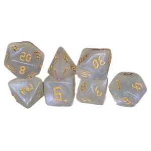A seven-piece set of polyhedral roleplaying dice arranged in small stacks against a white background. The dice feature a sparkly, translucent white finish, with the numbers painted in a contrasting gold gothic font.