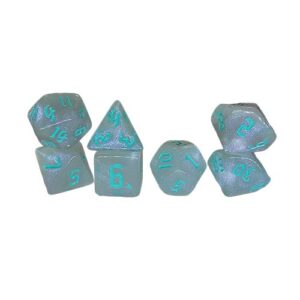A seven-piece set of polyhedral roleplaying dice arranged in small stacks against a white background. The dice feature a sparkly, translucent white finish, with the numbers painted in a contrasting teal gothic font.
