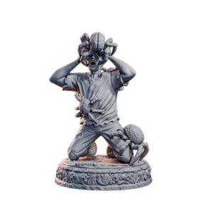 A highly detailed 32mm scale resin miniature of a screaming adventurer on his knees, being overwhelmed and attacked by a swarm of multi-legged brain parasites. Includes a 25mm textured base featuring skulls and a dropped dagger. Part of the Lava Forge collection.