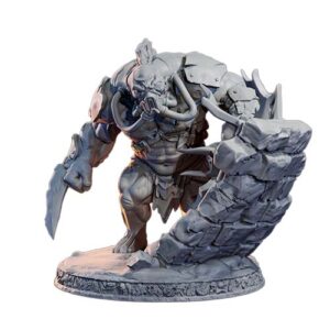 Gorr'thak Monstrous Brute Miniature - Unpainted Resin. Boss-scale monster model on 50mm base for TTRPGs like D&D or Pathfinder. This scavenger brute features wasteland-style breathing mask, large scrap knife, and a stone wall shield. Highly detailed 3D sculpt. Lava Forge collection.