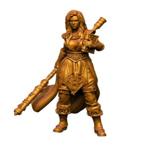 miniature figure of Henda, a female wizard holding a large battle staff and a heavy spellbook.